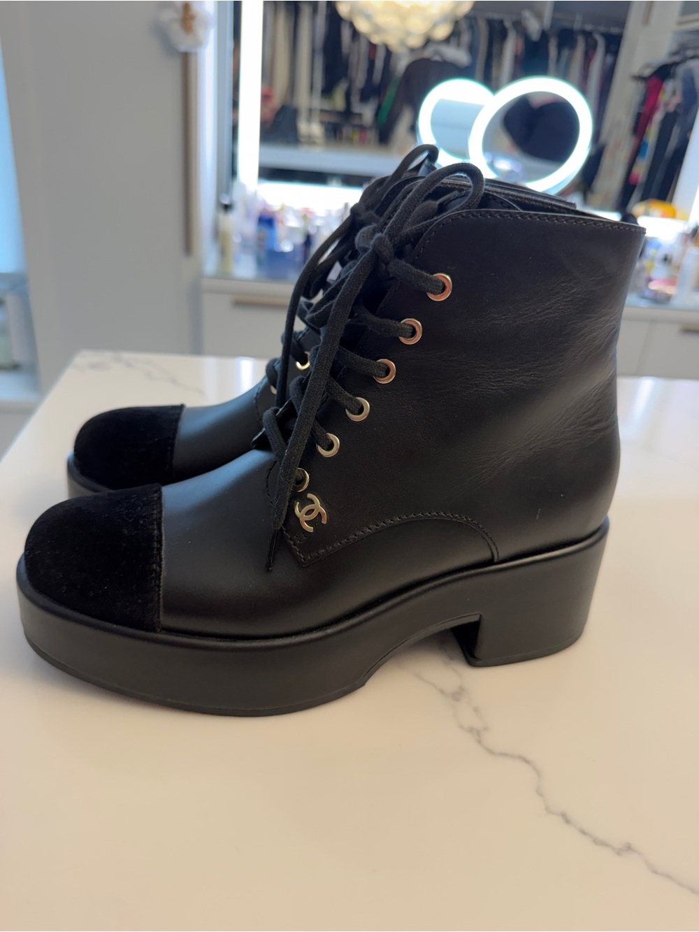 Chanel 23 leather/velvet Boots - Designer Logo in perfect condition. Like new